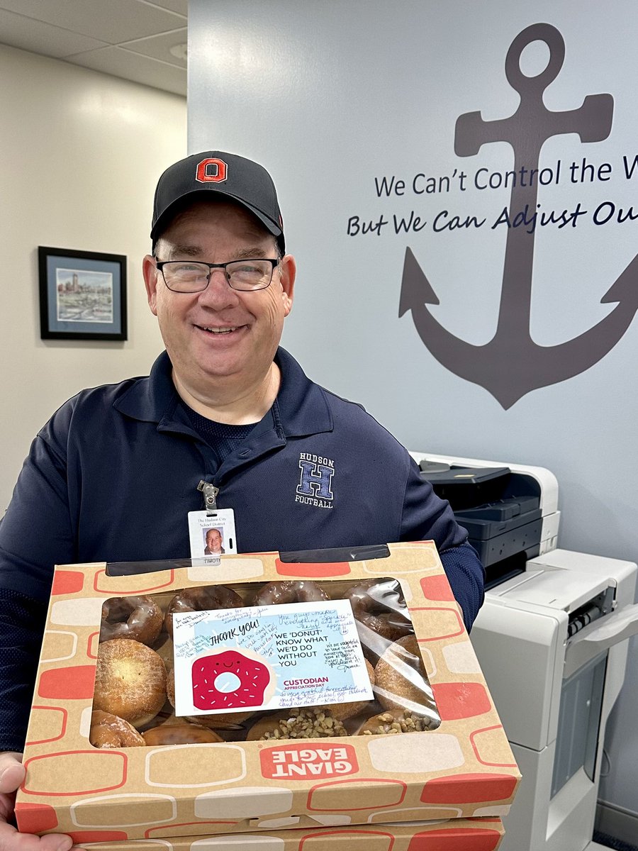 DrKimCockley's tweet photo. THANK YOU to our incredible custodians for keeping our buildings safe and clean! “We ‘donut’ know what we’d do without you!” 
@hudsonohschools #CustodialAppreciationDay https://t.co/C3xJyJtlAb