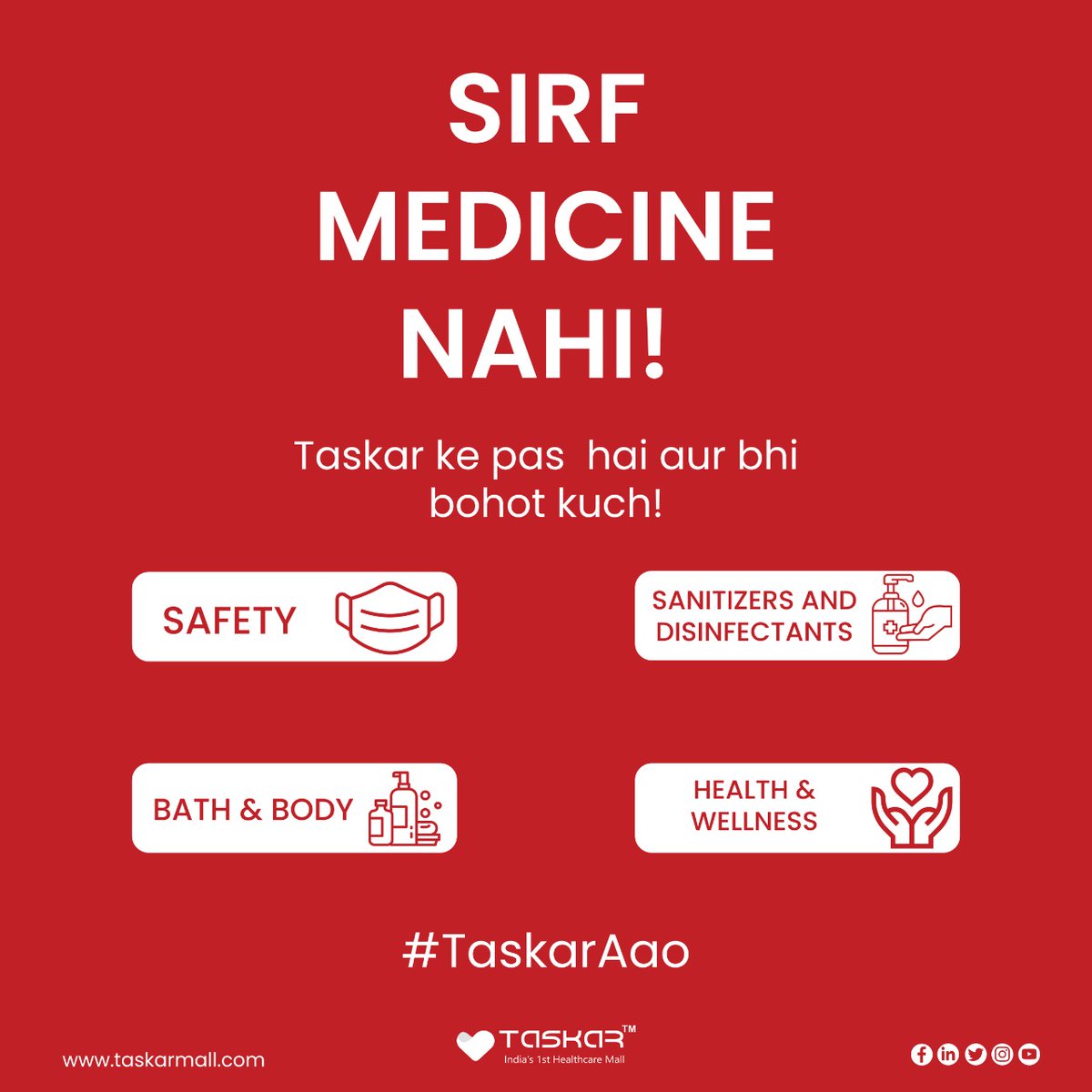 taskarmegamall's tweet photo. Sirf Medicines Nahi... Taskar❤ De Raha Hai Aur Bhi Bohot Kuch! 👇👇
✅ Safety
✅ Sanitizers And Disinfectants
✅ Bath And Body
✅ Health And Wellness
Visit now: https://t.co/CwmInkXUfT
Or order here +91 96484 87200 

#healthcare #healthcareworkers #selfcare #surgeon #taskarmall https://t.co/bE1JfsHNKy