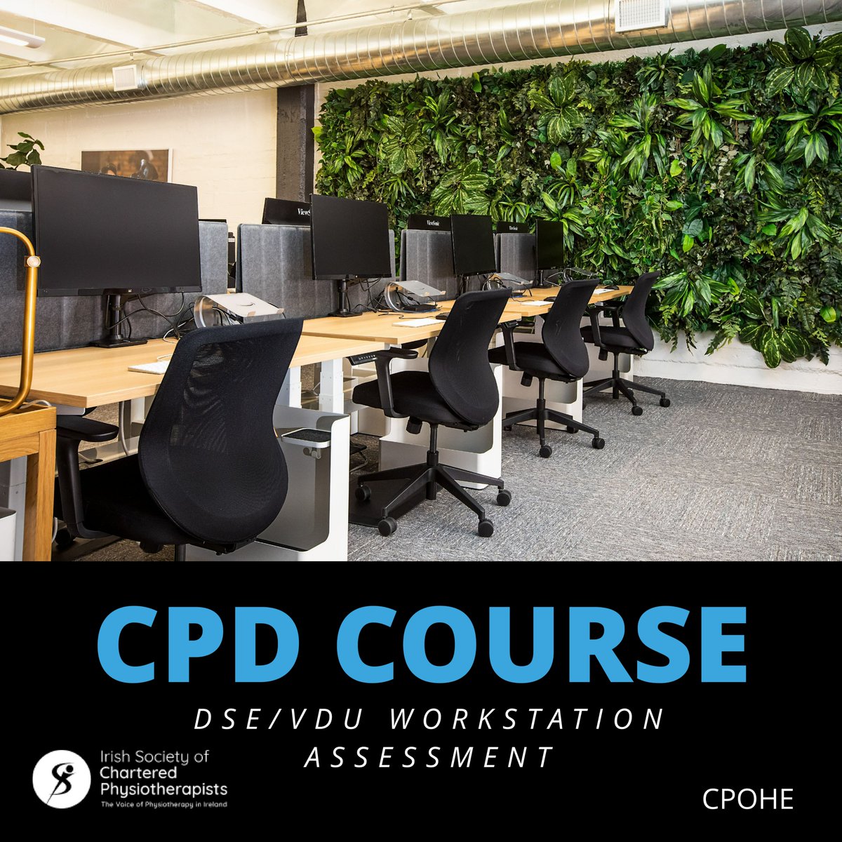 CPOHE are delighted to announce that they will be hosting a One-Day Course in DSE/VDU Workplace Assessment for Physiotherapists. 
Sign up: iscp.ie/events/One-day…
#Physiotherapists #Physiotherapy #Ergonomics #WFH #WorkHealth #Health #Workplace #HealthyWorkplace #education #cpd