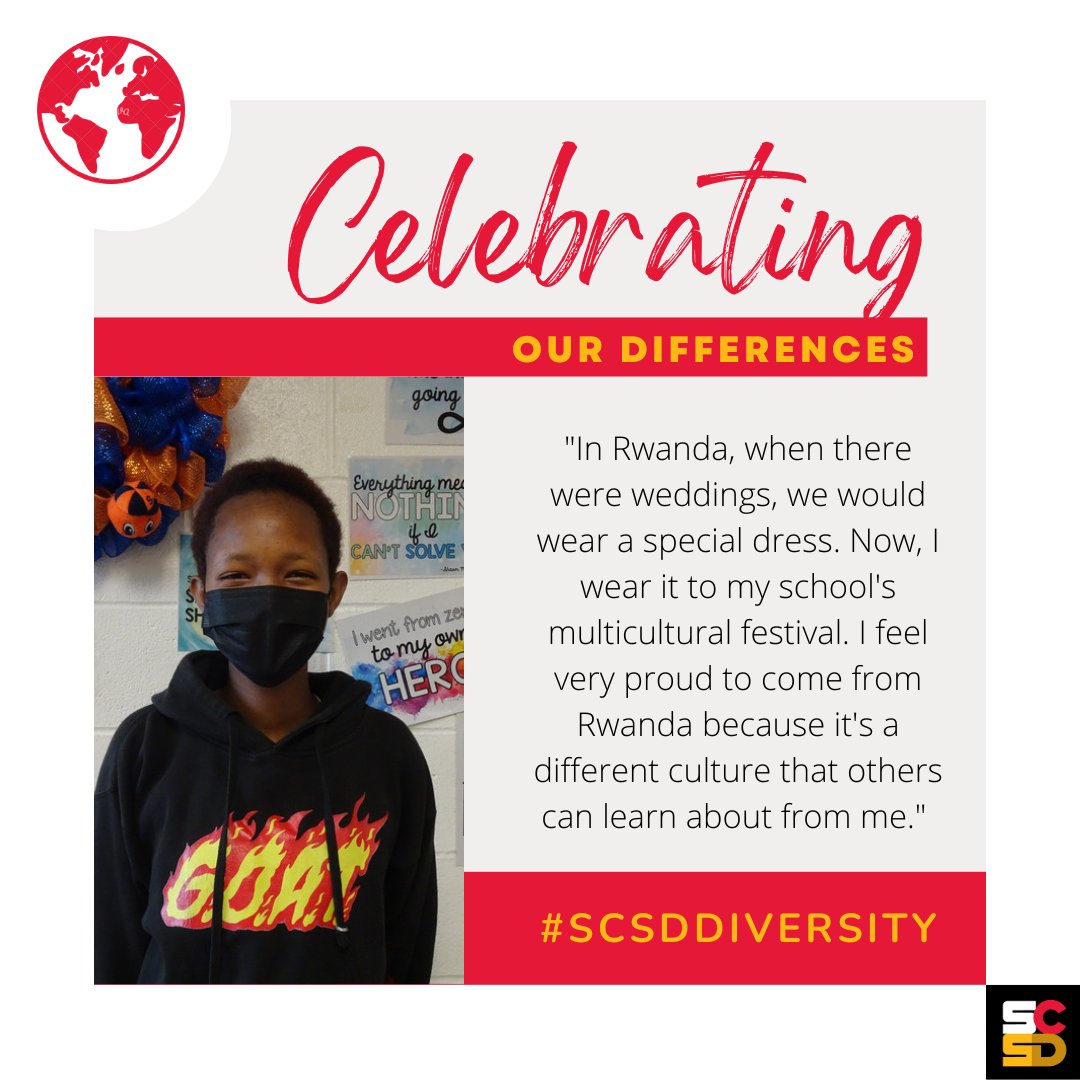 We are so proud of the #SCSDDiversity of our students! <a href="/GrantGatorsSCSD/">GrantSCSD</a> 8th grader Nadia Munezero and her family came to the U.S. from Rwanda about six years ago. Nadia shared her positive memories of life in Rwanda: she would play outdoor games, and she loved to cook plantains!