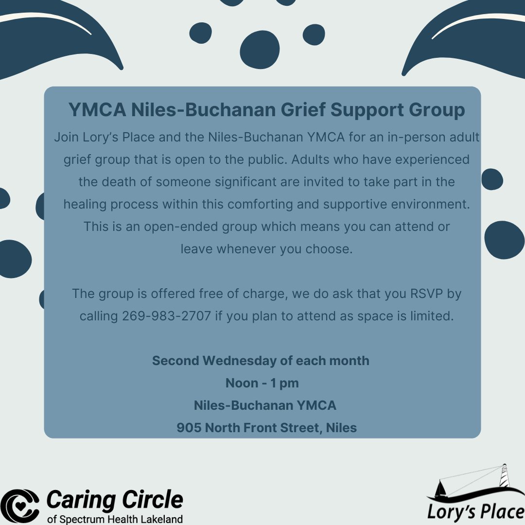 Join us on Wednesday for our grief support group at <a href="/nbymca/">Niles-Buchanan YMCA</a> #lorysplace #griefsupport