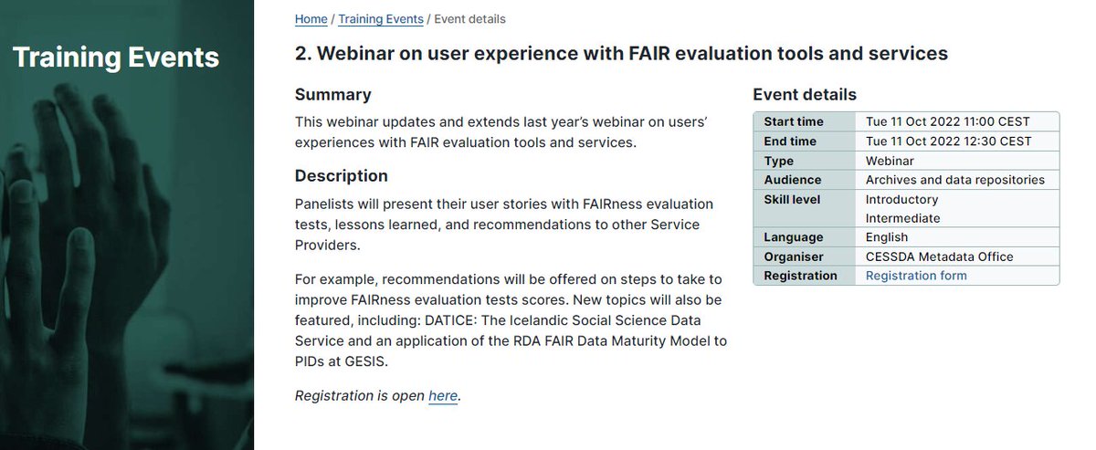 CESSDA_Data's tweet photo. 👆 Interested in how to improve #FAIRness evaluation test scores?
➡️ JOIN this webinar on user experience with #FAIRData evaluation tools + services
When?
🗓️ Tue 11 Oct 2022 at 11-12:30 CEST
➡️ https://t.co/vGIhWPrKdU #CESSDATraining @gesis_org @uni_iceland @RDA_Europe https://t.co/7fh3RCfbgG