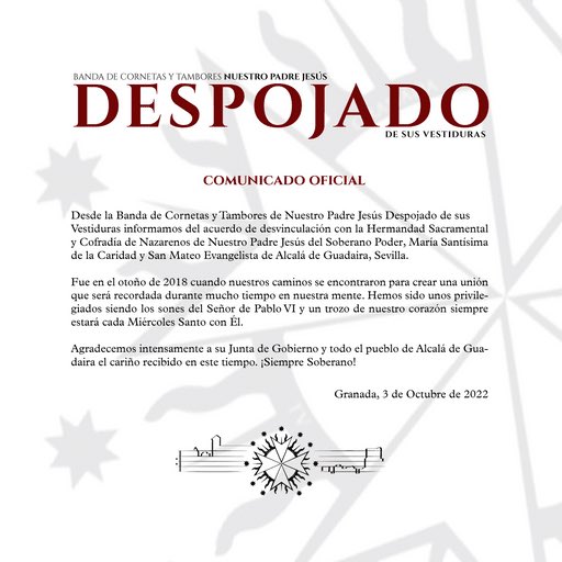 DespojadoGR's tweet photo. ✍🏻 #OFICIAL | No continuaremos tras el Misterio de Nuestro Padre Jesús del Soberano Poder de Alcalá de Guadaira.

Eternamente agradecidos por el trato y el cariño recibido en estos tres años de vinculación.

¡Siempre Soberano! https://t.co/OLtUBQ8Y57