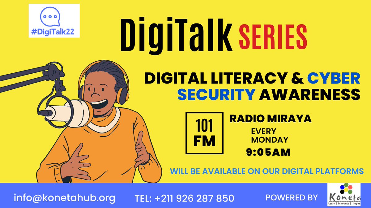 Konetahub's tweet photo. Today we started Week1 of our #DigiTalk22 Series on Cybersecurity on @RadioMiraya breakfast show as we commemorate the #CyberSecurityMonth. Our ED @denayadennis talked about #CyberSecurity & Cyber Attacks.
We believe everyone can be safe online if well informed.
#BeCyberSmart https://t.co/cD03qsKrhV