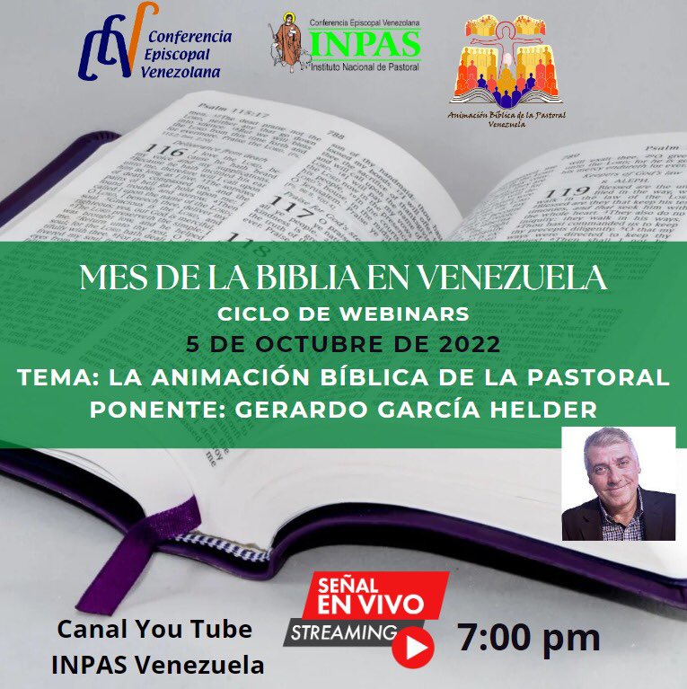 Inpasvenezuela's tweet photo. INPAS de Venezuela les invita a escuchar y participar en nuestro próximo Webinar. ❇️ 5 de octubre 2022 ❇️7:00pm (hora Venezuela). ❇️Tema: “La Animación Bíblica de la Pastoral”.     ❇️Ponente: Gerardo García Helder.           Te esperamos en nuestro canal YouTube: INPAS VENEZUELA. https://t.co/6Y8mUXaATc