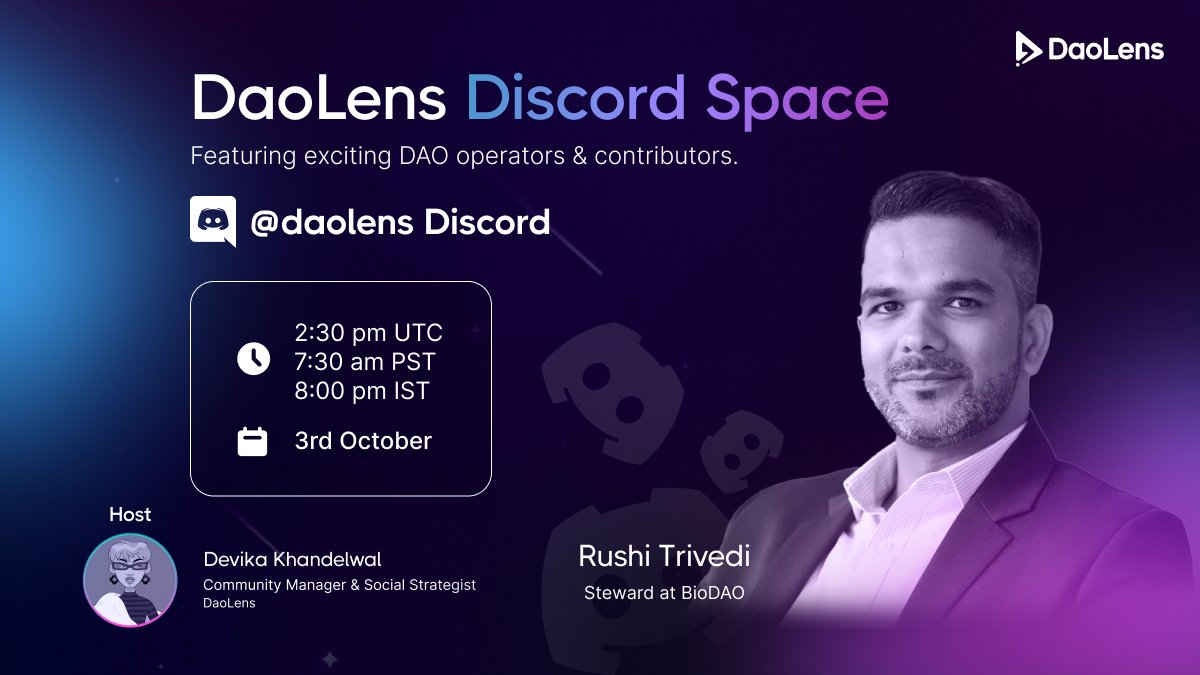 Want to learn how web3 is playing a major role in the biotech revolution? 🧑‍🔬

Catch our very own, <a href="/devikakkkk/">dimsums.eth⁷</a> in conversation with <a href="/RushiDTrivedi/">Rushi D Trivedi</a>, steward at <a href="/BioDAOxyz/">BioDAO</a>, and learn all about it!

⏰Starting in an HOUR!

Join in 👉 discord.gg/daolens