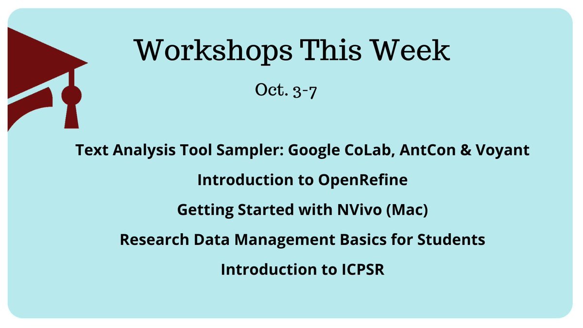 UofSClibraries's tweet image. Register now for this week’s workshops – free and open to all students, faculty and staff -> bit.ly/uofscwkshps