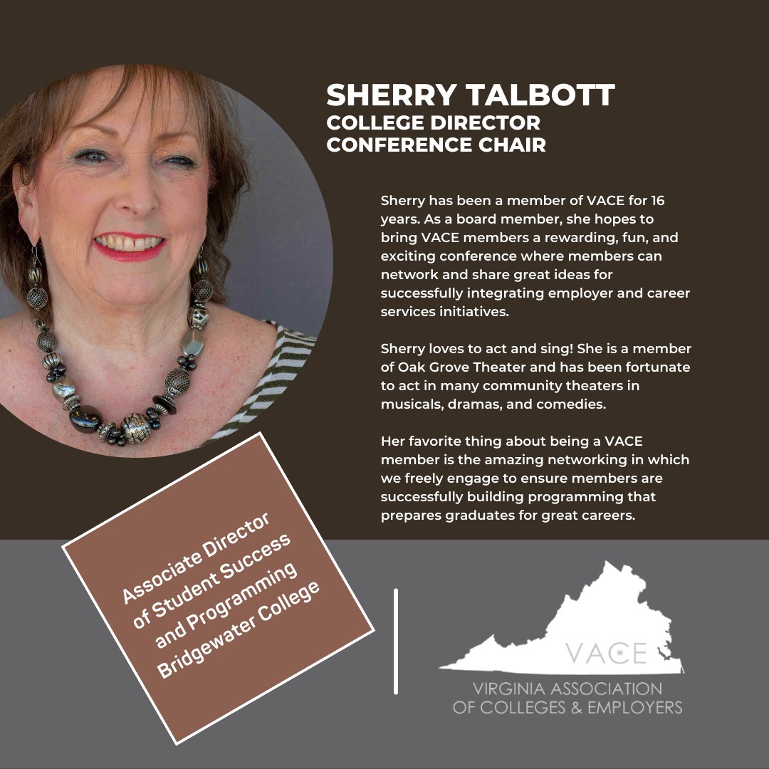 vaceoutreach's tweet photo. Meet Sherry Talbott, the VACE College Director Conference Chair. Sherry loves to act and sing and is a member of Oak Grove Theater. She is the Associate Director of Student Success and Programming at Bridgewater College.
#vace #bridgewater #careerservices #highereducation https://t.co/qzfQO2gNp3