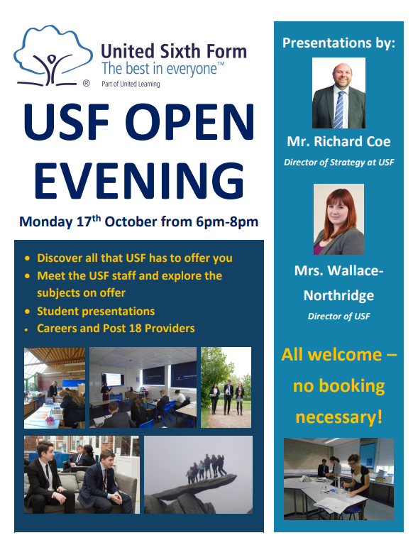 A date for your diary- looking forward to meeting Year 11 students at the USF Open Evening on Monday 17th October from 6pm-8pm #USFproud #AVBproud <a href="/AvonbourneUL/">Avonbourne Boys' and Girls' Academies and USF</a>