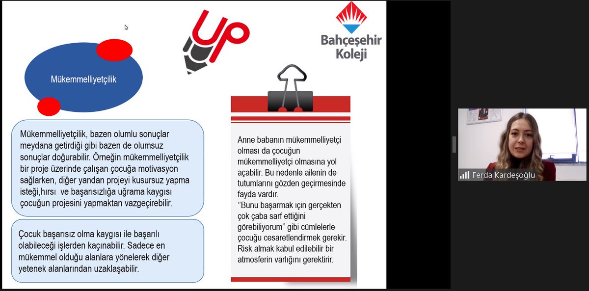 BAU işbirliği ile okullarımızda yürütülmekte UP (Üstün Potansiyelliler Eğitim Programı) 2022-2023 Eğitim Öğretim dönemi veli sunumumuz UP Sorumlumuz Ferda Kardeşoğlu tarafından gerçekleştirildi.
Katılım sağlayan tüm velilerimize teşekkür ederiz. #bkup

#bahçeşehirkoleji