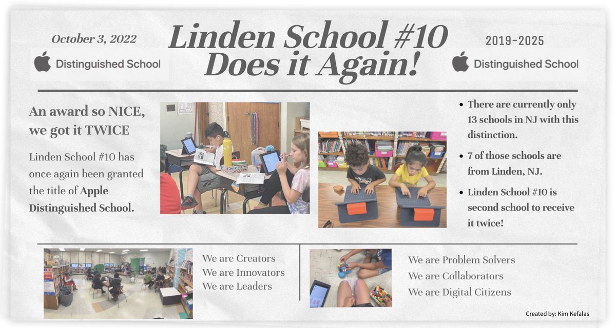 A recognition so nice, we got it twice! Congrats to @School10Tigers on becoming an Apple Distinguished School! We are creators, we are innovators, we are School #10! @LindenSchoolsNJ @ClearyLPS @RGT_EdD @PaulVassak @Cs4Nj @AppleEDU