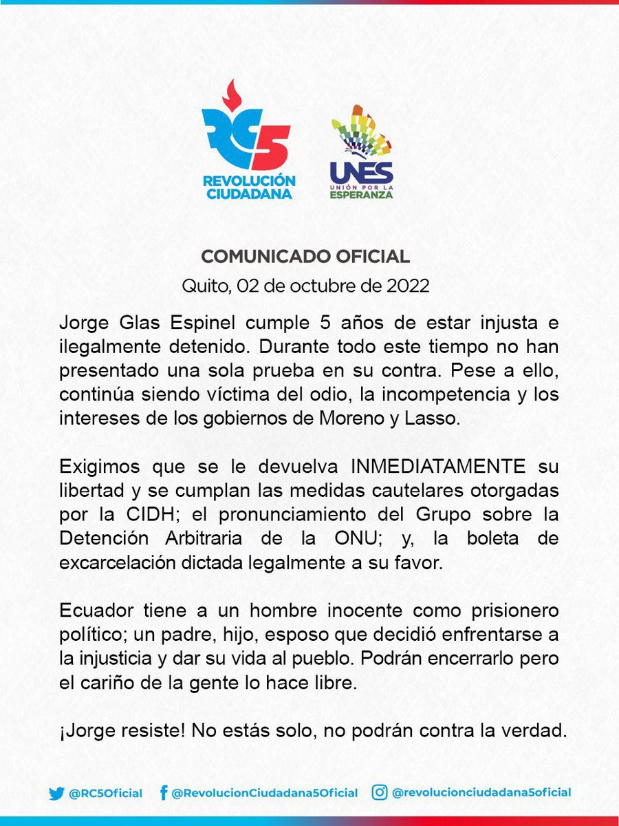 ‼️#URGENTE 
Tras cumplirse 5 años del encarcelamiento de Jorge Glas, <a href="/RC5Oficial/">Revolución Ciudadana</a> señala que no han presentado una sola prueba contra el Exvicepresidente. Además, exigen que le devuelva la libertad y se cumplan las medidas cautelares otorgadas por la <a href="/CIDH/">CIDH - IACHR</a>.