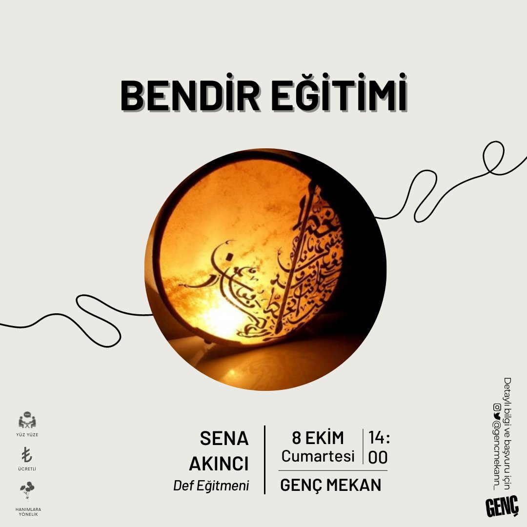 Defin her tınısında ayrı bir gizem, başka bir hikâye, saklı bir bahçe vardır.
Bu kadim enstrümanın dolaştığı coğrafyaların esintisi Sena Akıncı ile Genç Mekân’da başlıyor.
Not: Eğitimimiz haftada bir gün olmak sureti ile düzenli devam edecektir. Eğitimimiz ücretlidir.
#bendir