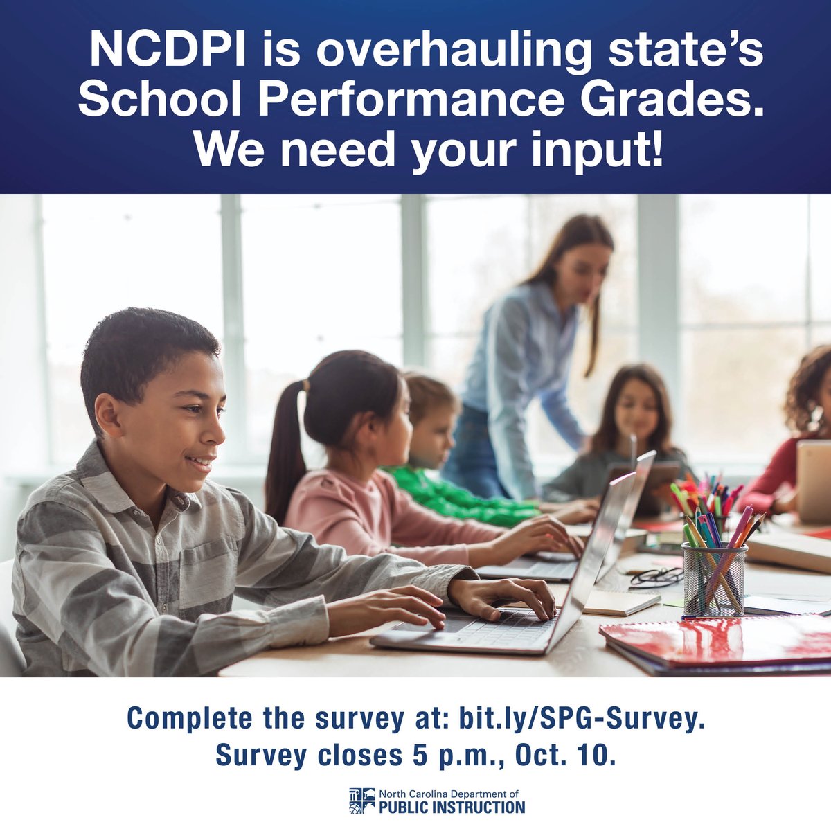 We want your input on how school performance grades should be redesigned. Through a new survey, in partnership with <a href="/EducationNC/">EducationNC</a>, NCDPI is asking the public to share feedback at bit.ly/SPG-Survey by 5 p.m. Oct. 10. More info about the effort -bit.ly/3fq83Xk. #nced