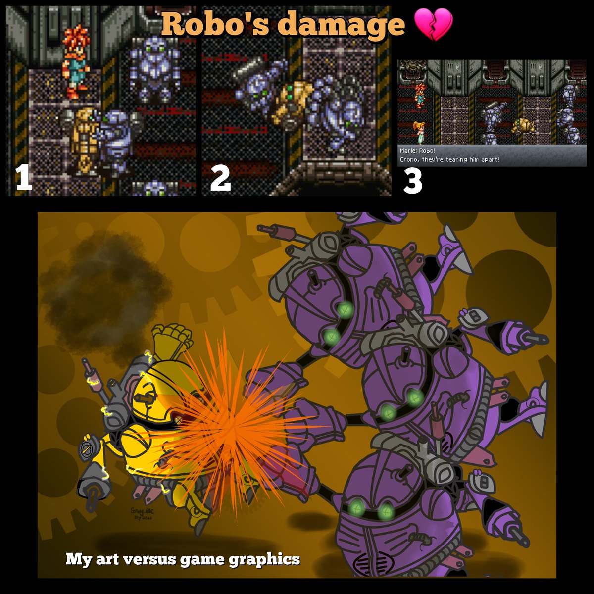 GRAY75463230's tweet photo. Robo's damage scene is very touching. 🥲
#gamearts #rpg #digitalpainting #digitalillustration #ChronoCross #ChronoTrigger #FANART #retrogameart #snesart #gamingart #クロノトリガー https://t.co/n7MlZG69lE