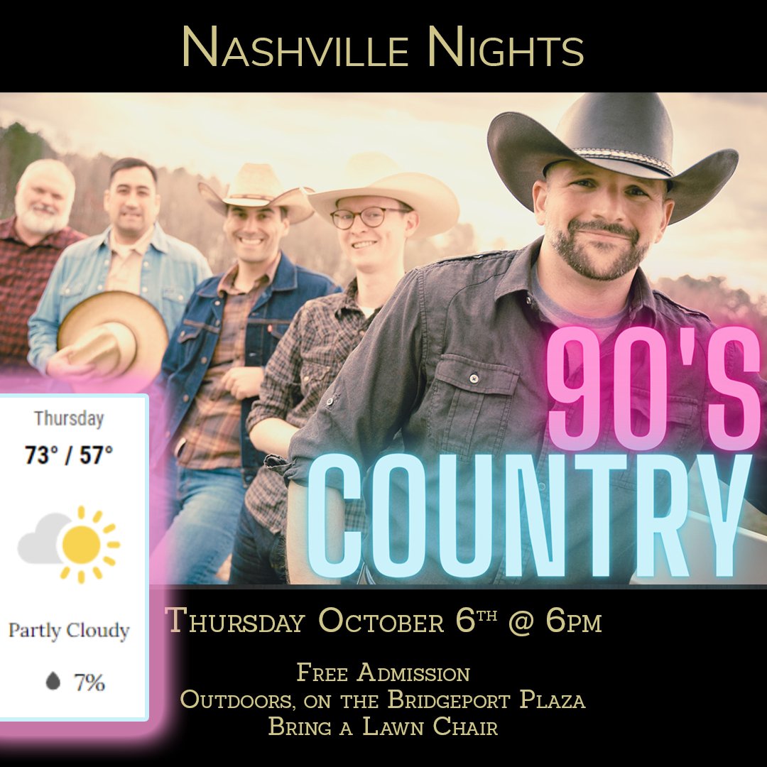 BridgeportVA's tweet photo. Nashville Nights 90s Country Band is in concert on the Bridgeport Plaza this Thursday at 6pm.

Bring a lawn chair!

FMI: https://t.co/kPMD0Yx1lu https://t.co/bWh7WNnEA8