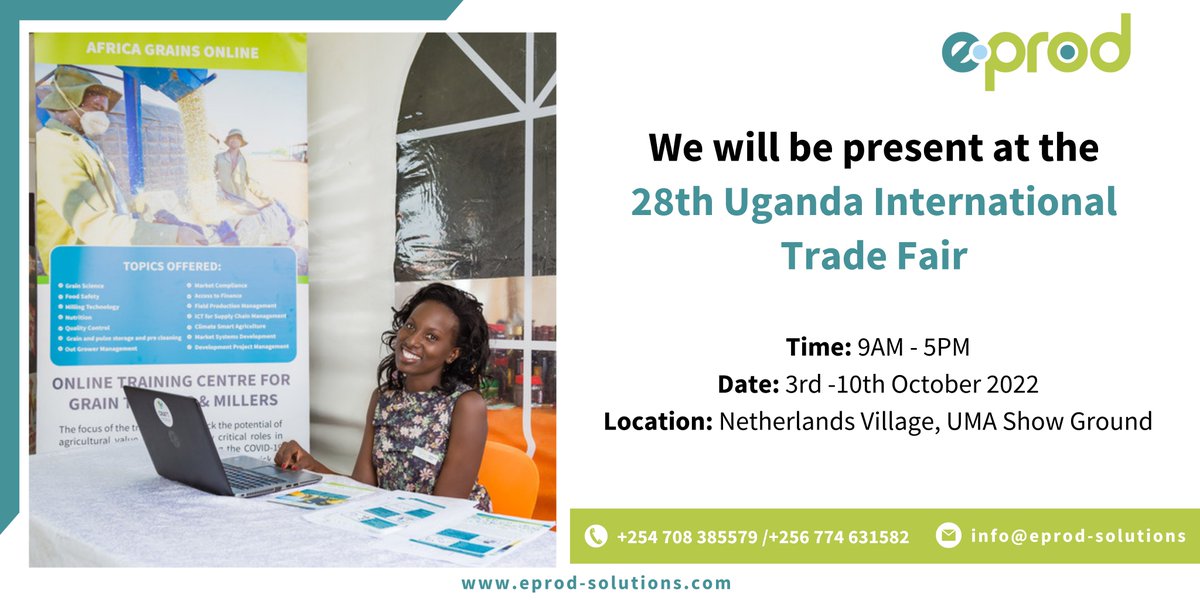 Join us at the 28th Uganda International Trade Fair 2022 under the #NetherlandsKingdomVillage at the UMA Show Ground from today to 10th October 2022.
Visit our tent to understand how agribusinesses can optimize their supply chain by using a digital solution

#eProd #agritech