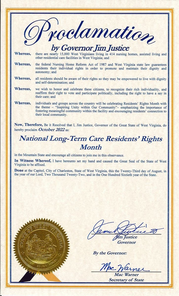 WVBoSS's tweet photo. "The Road Ahead" with Commissioner Robert Roswall will have Suzanne Messenger, Esq. Director of the State Long-Term Care Ombudsman office as his guest. The program will air in October on the West Virginia Library Commission. https://t.co/fmhEGLn6Qc...
See proclamation below. https://t.co/TFeZ86tjQn