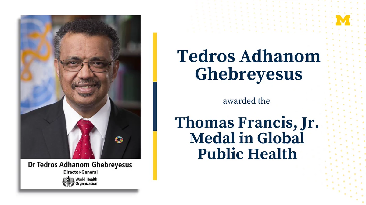 Headshot of Tedros Adhanom Ghebreyesus. Text: Dr Tedros Adhanom Ghebreyesus, Director-General, World Health Organization. Tedros Adhanom Ghebreyesus awarded the Thomas Francis, Jr. Medal in Global Public Health.