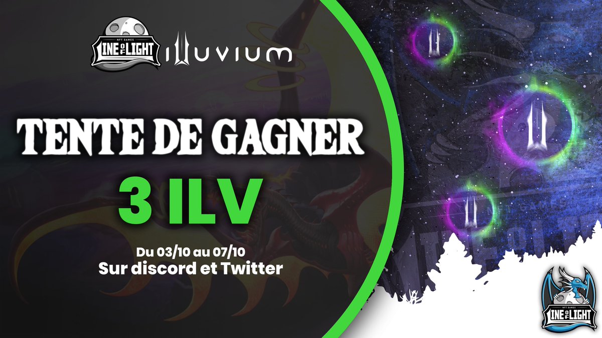 🚨 GIVEAWAY - 3 ILV

C'est une semaine particulière chez Line Of Light.. 😱🎉

1 ILV sur Twitter 

Pour participer :

✅ - Follow <a href="/LineOfLightFR/">Line Of Light</a> 
✅- RT 🔃&amp; Like ♥️
✅- Tag 3 amis

TAS 4J🍀

👇 Pour les 2 autres 👇 
discord.gg/5zDNwUEcuy

<a href="/illuviumio/">Illuvium</a>

 #P2E #NFTGiveaways #NFTs