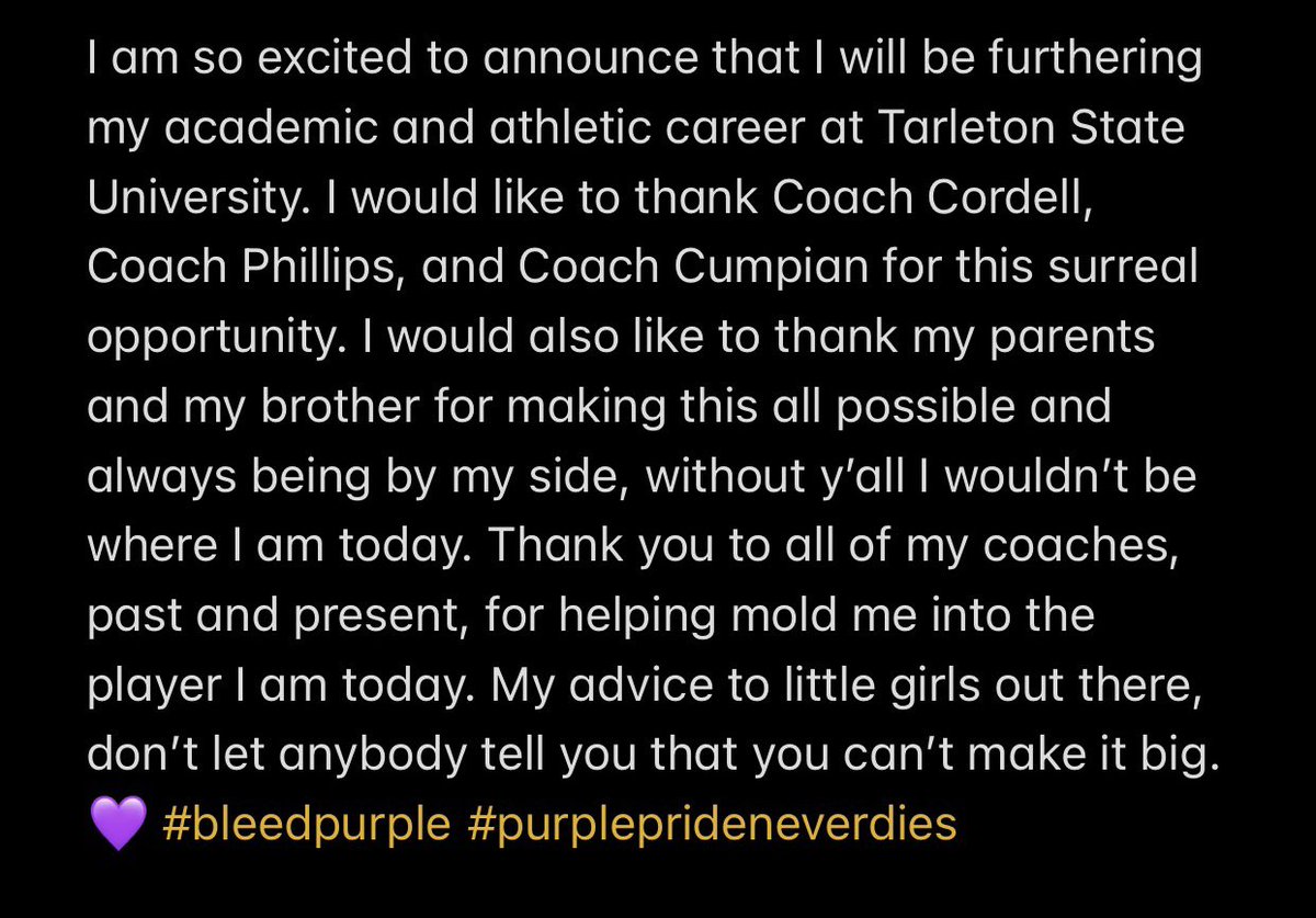 MikailaG2024's tweet photo. So excited for this new journey!! 💜💜 @TarletonSB @AlyxCordell @Coach_Cump @TexasAthlete806 @806hsscmedia https://t.co/lDRSwNTgCz