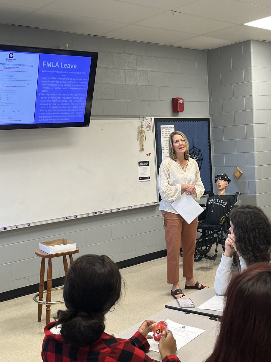 GMSD Benefits Specialist, Gina Eddleman,  speaking to Dr. Kinler’s Medical Assistants class on the medical partnerships the GMSD Human Resources has to support our employees. <a href="/gmsdk12/">Germantown MSD</a> <a href="/houstonhighGMSD/">Houston High School</a> #teachGMSD