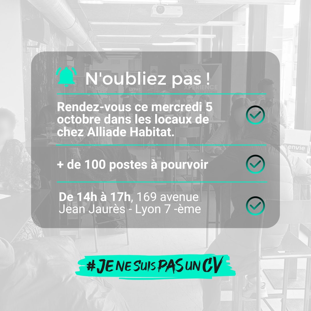 [Nouvelle date Job Dating !]
Un dernier rappel avant le Job Dating du 5 octobre, organisé dans les locaux de chez Alliade Habitat !

+ de 100 postes à pouvoir 

Vous souhaitez participer ? Cliquez sur le lien : docs.google.com/forms/d/e/1FAI…