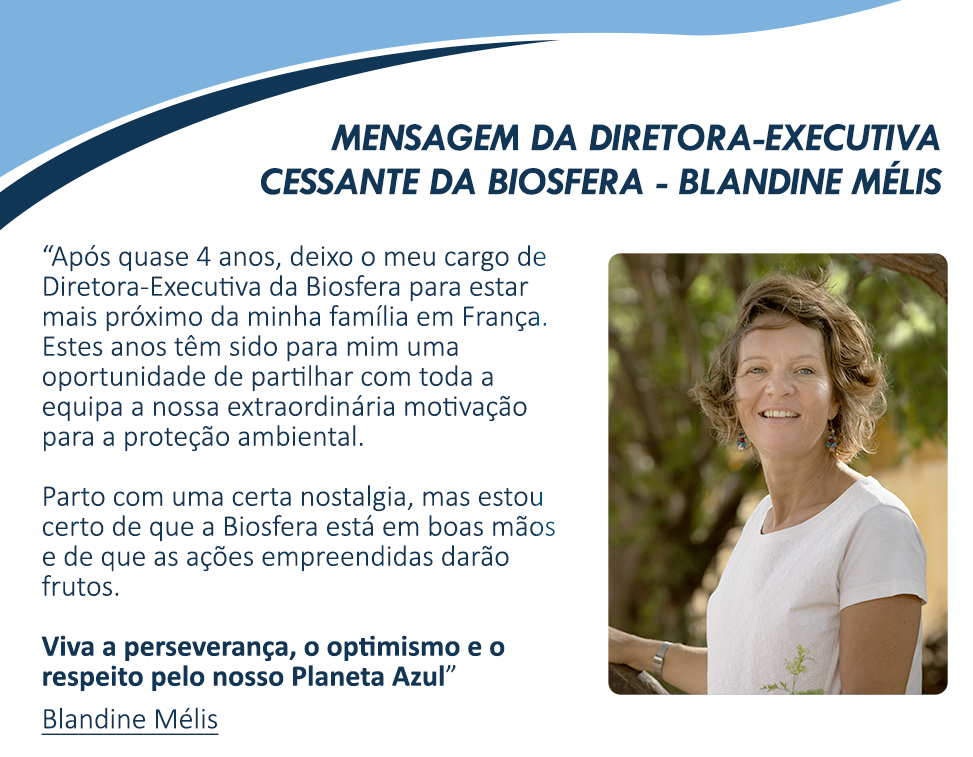 Message from the outgoing Biosfera Executive Director Blandine Mélis.
We wish Blandine Melis many successes in her new phase of life and thank her for all she has done for our NGO👏