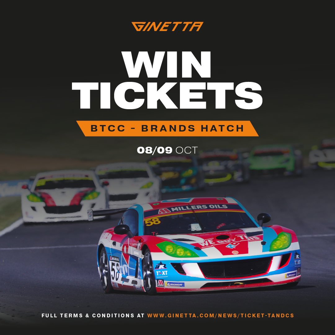 🟠 Join us at Brands Hatch! 🎟 We’re giving away a pair of weekend entry tickets for the #BTCC season finale on 08/09 Oct. To be in with a chance of winning, simply FOLLOW us & RETWEET this post - you don’t have long as entries close at 20:00 on 04/10/22 ⏰ #Ginetta