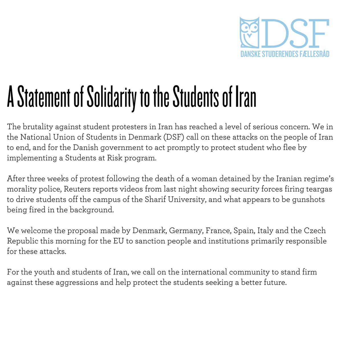 Today the National Union of Students in Denmark (@StudFaellesraad) issued a statement of solidarity to the students of Iran.