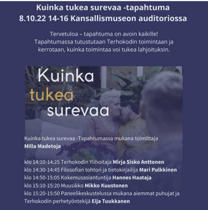 MariPulkkinen's tweet photo. Lauantaina 8.10. vietetään kansainvälistä palliatiivisen ja saattohoidon päivää. #Terhokoti järjestää Kansallismuseon auditoriossa klo 14-16 avoimen yleisötilaisuuden, jossa minullakin on ilo olla mukana. Puhun menetyksistä meissä. Seurata voi myös etänä: 
https://t.co/CRrnDm5pf8 https://t.co/pHz3F1J46H