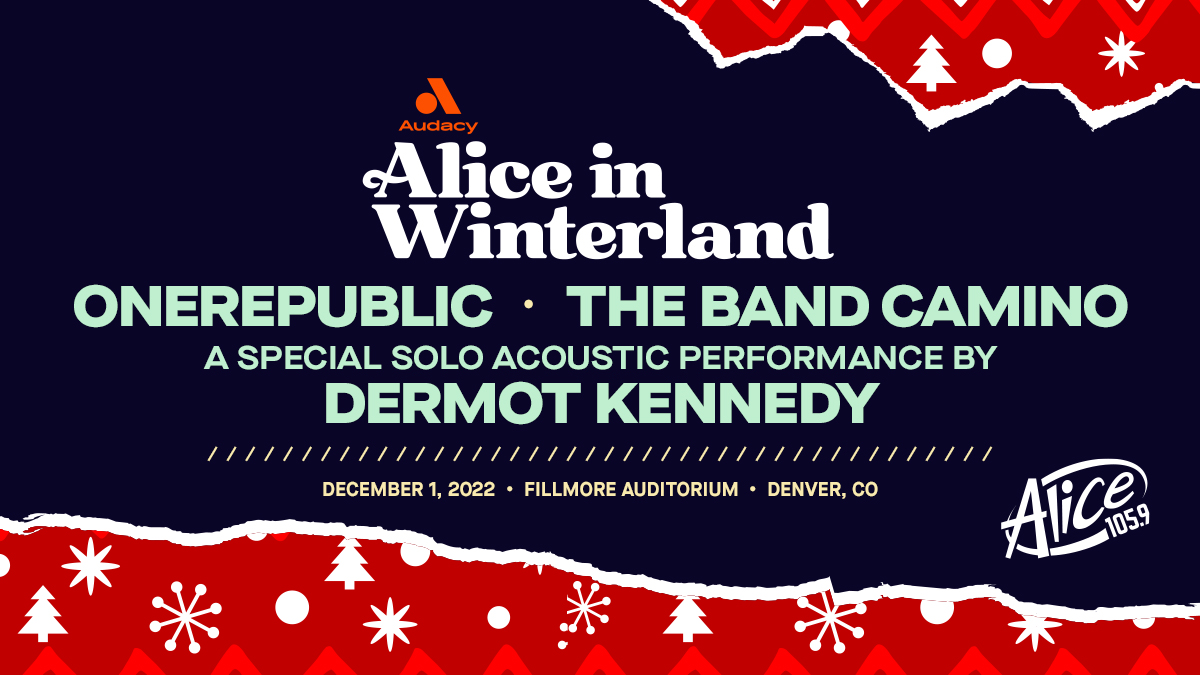 FillmoreDEN's tweet photo. JUST IN❄️ Alice 105.9’s Alice In Winterland at The Fillmore on 12/1 with performances by @OneRepublic, @thebandcamino and a special solo acoustic performance by @DermotKennedy!

🎶 Presale | Thursday at 10am | Code: PUMPKIN
🎶 On Sale | Friday at 10am
🎫 https://t.co/wSzIfl4Es4 https://t.co/hPAlPMimwO