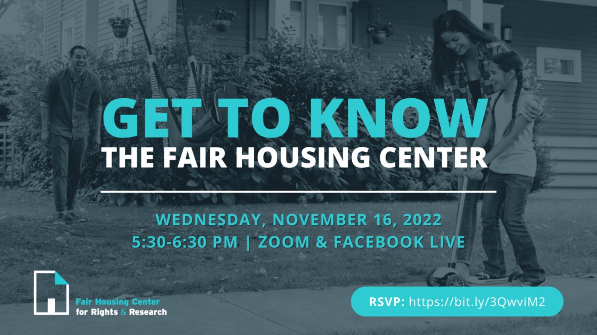 Join us on 11/16 to learn more about The Fair Housing Center, what services are available, and how you can help to support fair housing! Don't miss this evening of community building, learning, and fun. PLUS, there will be giveaways! Register: bit.ly/3QwviM2 #GetToKnowF