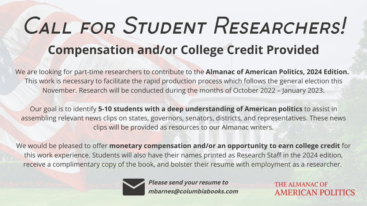 **Fantastic opportunity for political science students!** Aid in the research for the 2024 Almanac of American Politics. College credit and/or compensation provided. If interested, please send your resume to mbarnes@columbiabooks.com. #politicalscience #studentresearch