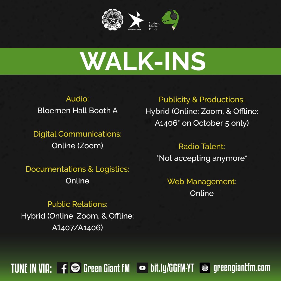 GreenGiantFM's tweet photo. If you're still looking for a sign, this is it! 🌠

We are accepting walk-in interviews at the following locations. It’s not too late to be a part of the GGFM-ily! 

Sign-up through the link: https://t.co/071f0xeV8O https://t.co/c7ShdJINr5