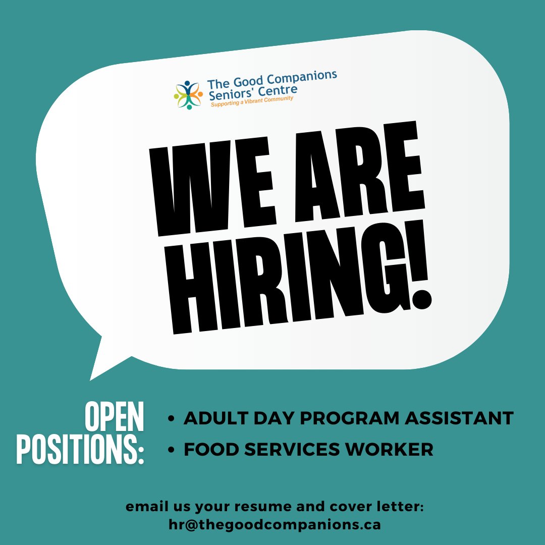 Are you passionate about supporting seniors' zest for living? Don't miss your chance to join our amazing staff team as either a Food Services Worker, or an Adult Day Program Assistant! Click for further position details: thegoodcompanions.ca/get-involved/e…