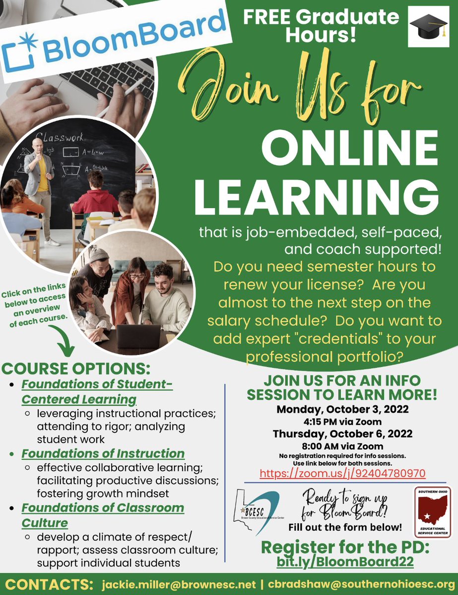 SouthernOhioESC's tweet photo. FREE graduate hours! Region 14 Educators: Join us for online, self-paced, job-embedded professional learning. Interested? Register here for more info: https://t.co/GEUYXWKTmQ #InnovativeSolutions #StudentAndCommunitySuccess @BloomBoard https://t.co/dbm8eLGtIA