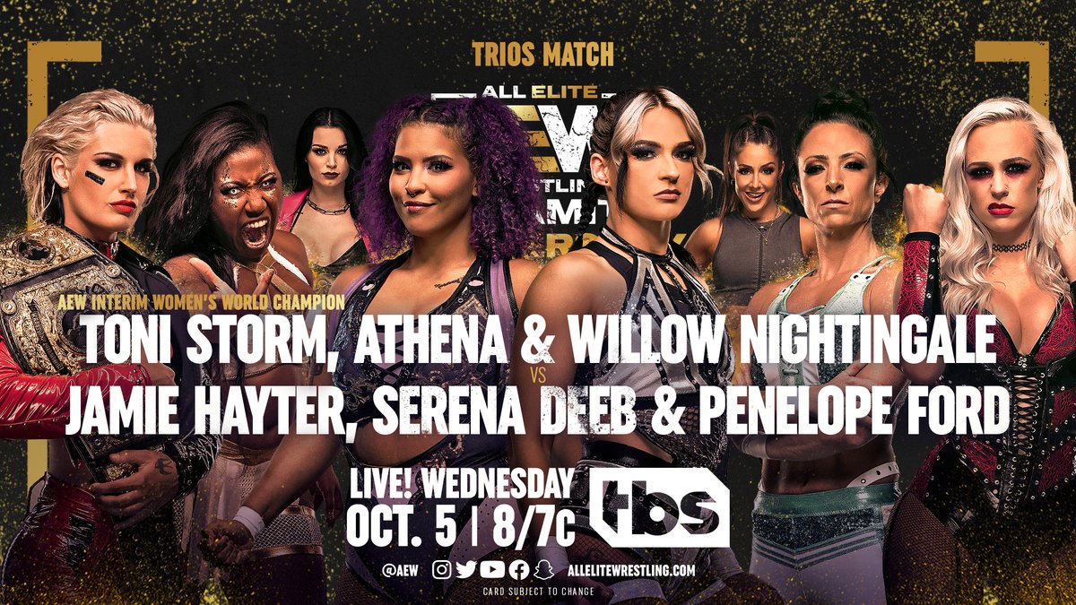 All Elite Wrestling (@aew) on Twitter photo #AEW Interim Women's World Champ Toni Storm teams w/ <a href="/AthenaPalmer_FG/">Athena is ROH and All Elite!</a> & <a href="/willowwrestles/">Willow Nightingale</a>, w/ <a href="/Saraya/">SARAYA</a> in their corner, to face <a href="/jmehytr/">JAMIE HAYTER</a>, <a href="/SerenaDeeb/">Serena</a> & <a href="/thePenelopeFord/">Penelope Ford</a>, w/ Dr. <a href="/RealBrittBaker/">Dr. Britt Baker, D.M.D.</a> in their corner, this WEDNESDAY at #AEWDynamite’s 3rd Anniversary at 8pm ET/7pm CT on TBS! #AEW Interim Women's World Champ Toni Storm teams w/ <a href="/AthenaPalmer_FG/">Athena is ROH and All Elite!</a> & <a href="/willowwrestles/">Willow Nightingale</a>, w/ <a href="/Saraya/">SARAYA</a> in their corner, to face <a href="/jmehytr/">JAMIE HAYTER</a>, <a href="/SerenaDeeb/">Serena</a> & <a href="/thePenelopeFord/">Penelope Ford</a>, w/ Dr. <a href="/RealBrittBaker/">Dr. Britt Baker, D.M.D.</a> in their corner, this WEDNESDAY at #AEWDynamite’s 3rd Anniversary at 8pm ET/7pm CT on TBS!