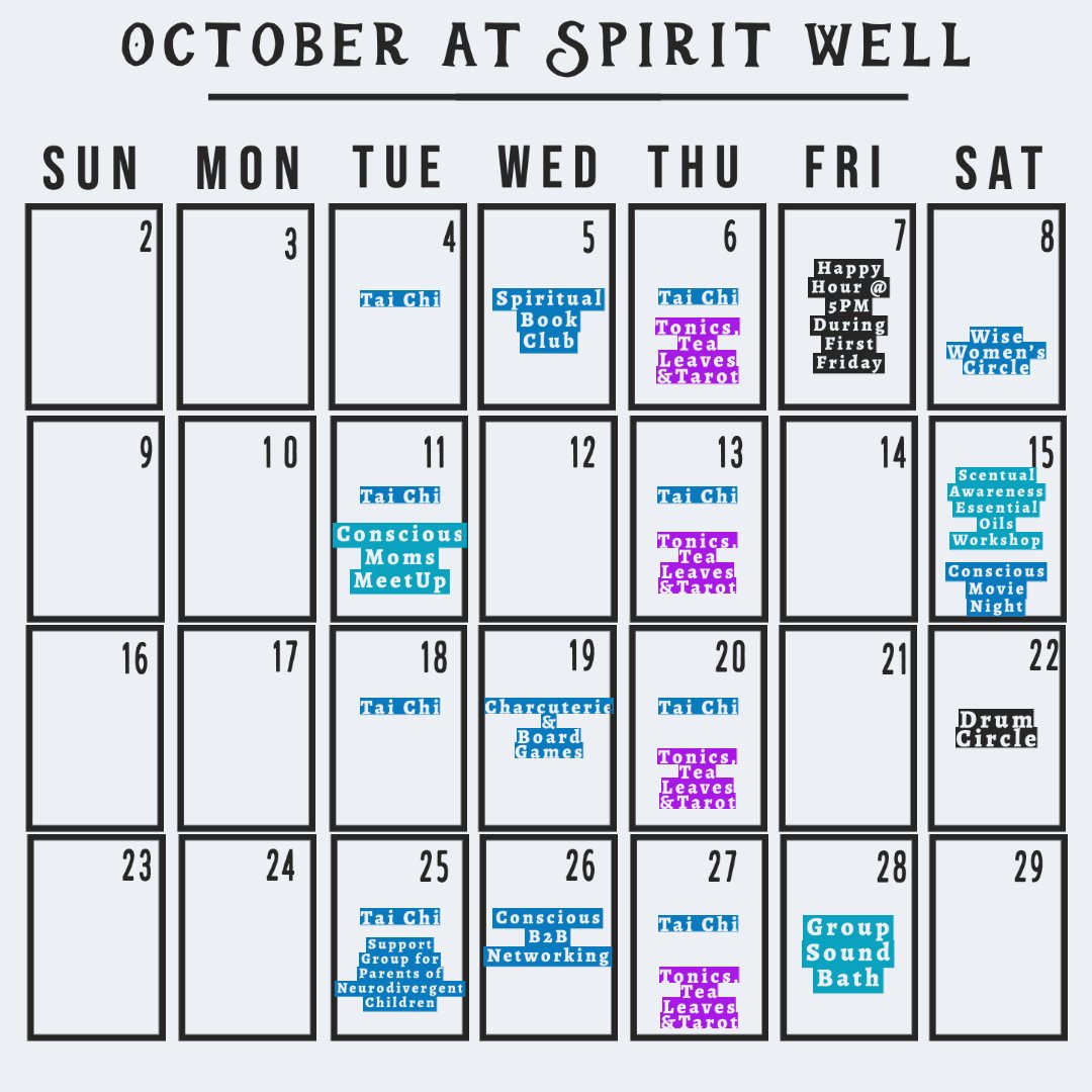SpiritWellSL's tweet image. October at Spirit Well 🧡✨

We have a packed month of events for you, our conscious community! You can find details via our Facebook events or our events calendar at spiritwellsensorylounge.com/events/
#spiritwell #healthisthenewhigh #stuartfl