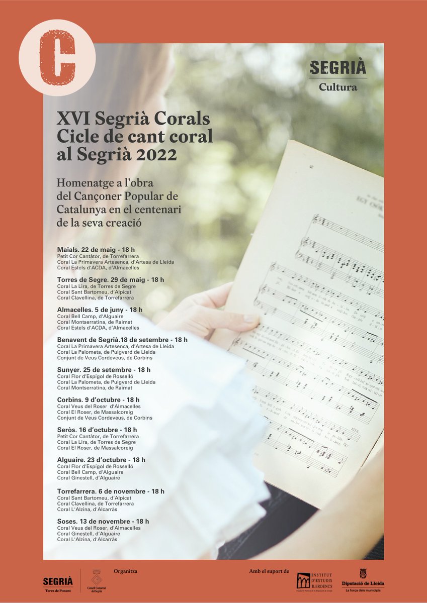 SegriaCultura's tweet photo. 🔊 Aquest diumenge, 9 d'octubre, nou concert de cant coral en homenatge al centenari del Cançoner Popular de Catalunya.
🕖18 h
📍Corbins
🎶Corals Veus del Roser, El Roser i Conjunt de Veus Cordeveus
🙂Us esperem!
#SegriaCorals
#Segrià #TerraDePonent #TerraDeCultura https://t.co/AW3VbymxrX