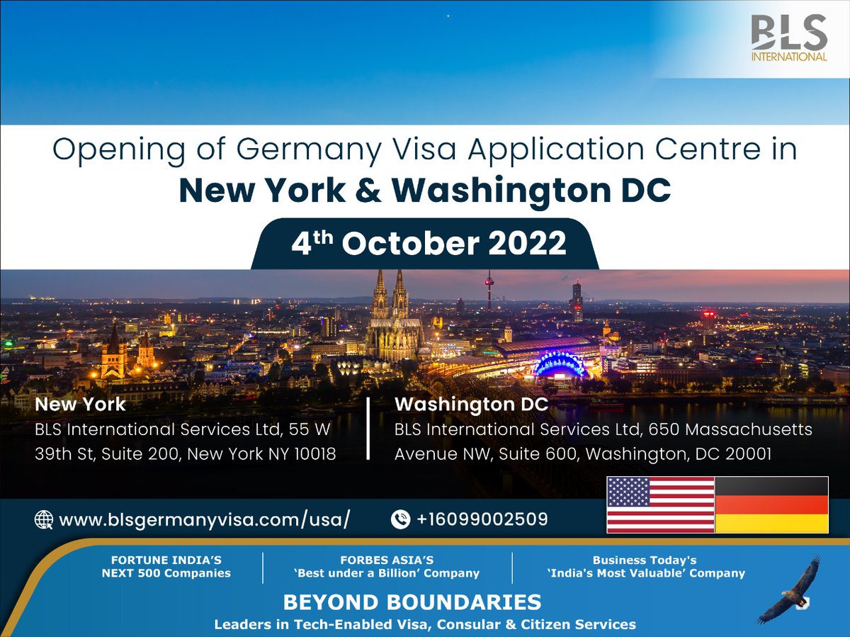 BLSintServices's tweet photo. We are pleased to apprise you that,
On 4th October 2022, BLS International will inaugurate Germany Visa Application Centre in New York and Washington DC

#BLSinternational #visaservices #germanyvisa #newyork #washingtondc #visaapplication #knowbls https://t.co/eRnJpyqCpU