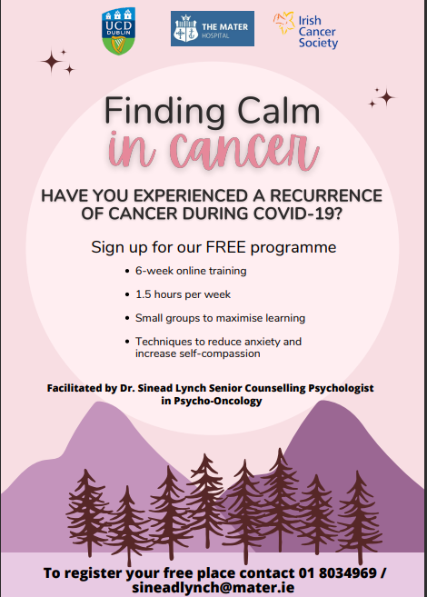 Have you experienced a recurrence of cancer since March 2020 and are attending The Mater Hospital? Would you like to take part in a 6-week research study that aims to reduce anxiety and increase self-compassion? Funded by @Irishcancersoc #cancer #anxiety #cancerrecurrence #calm