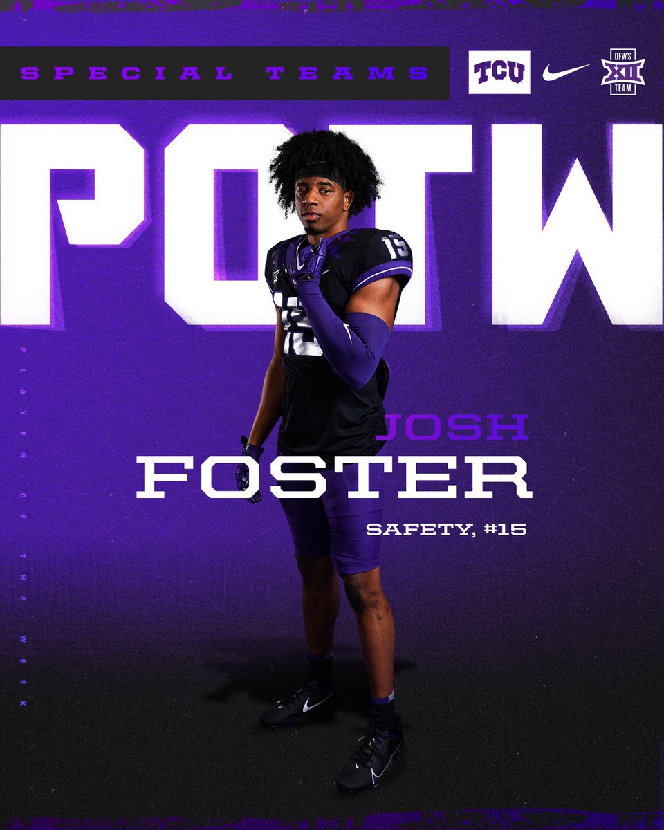 TCUFootball's tweet photo. Special Teams Player of the Week 

@jfoster_19 

#GoFrogs #DFWBig12Team https://t.co/O3iDnKZu24