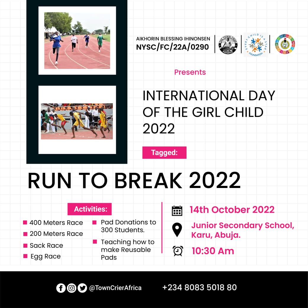 TownCrierAfrica's tweet photo. We want the 10th anniversary for International #DayoftheGirl to be LOUDER!

 We are raising our heads 🗣️ &amp; voices 📢 for this year celebration

Join our #Hike2Break #Run2Break let's use sports &amp; social activity to generate discussion around silence surrounding menstruation 🩸 https://t.co/xVzWHPqTtq
