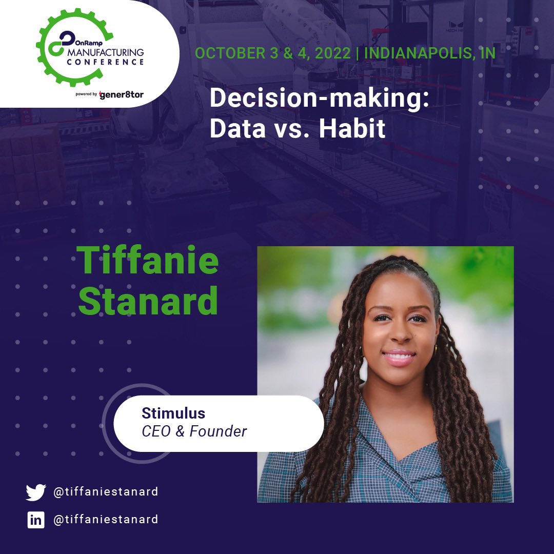 Happy Monday! I was invited to speak in 2 cities this week to present <a href="/getstimulus/">Stimulus</a> I would love to connect w/ folks during my travel…

Mon/Tues, Indianapolis - I will be giving a TED-style talk ‘Decision-making: Data vs Habit during the <a href="/OnRampMfg/">OnRamp Manufacturing</a> conference. #supplychain