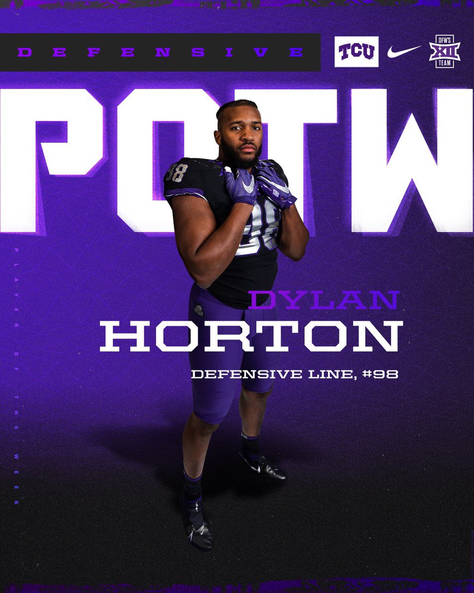 TCUFootball's tweet photo. Defensive Player of the Week 

@dhorton_98 

#GoFrogs #DFWBig12Team https://t.co/h7vdMtbS05
