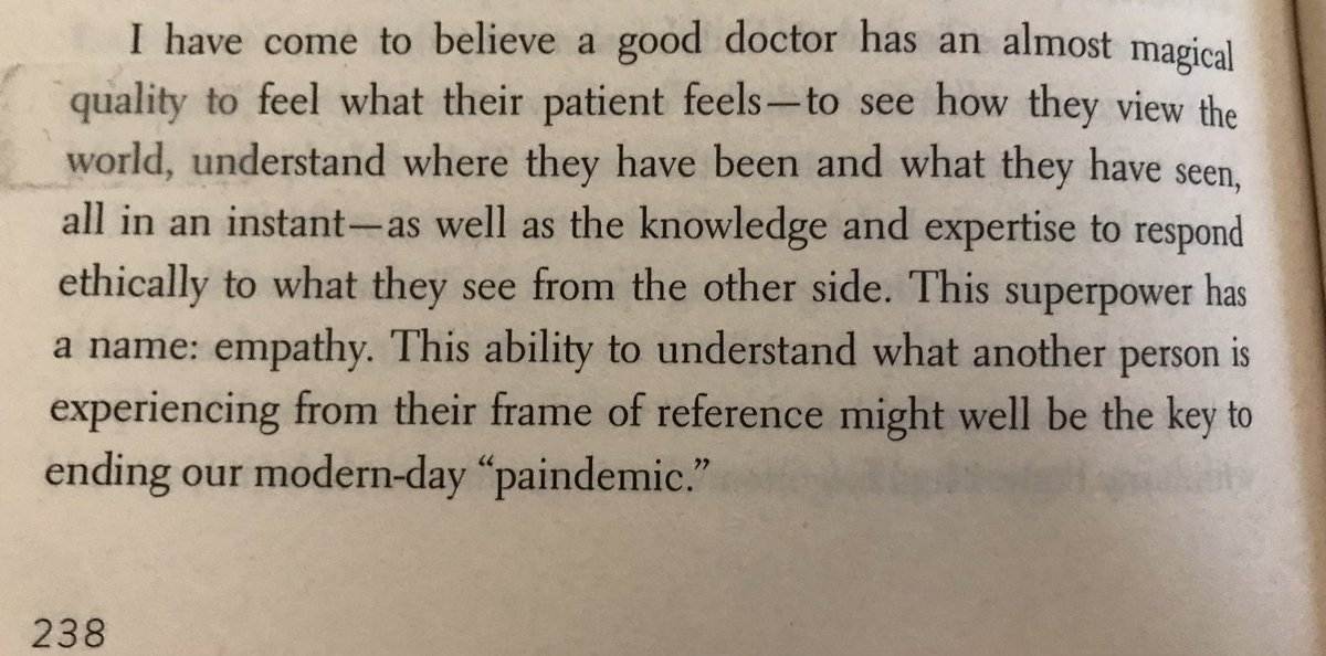 "I have come to believe a good doctor has an almost magical ability to feel what their patient feels... as well as the knowledge &amp; expertise to respond ethically to what they see from the other side. This superpower has a name: empathy." —<a href="/haiderwarraich/">Haider Warraich</a> #medtwitter