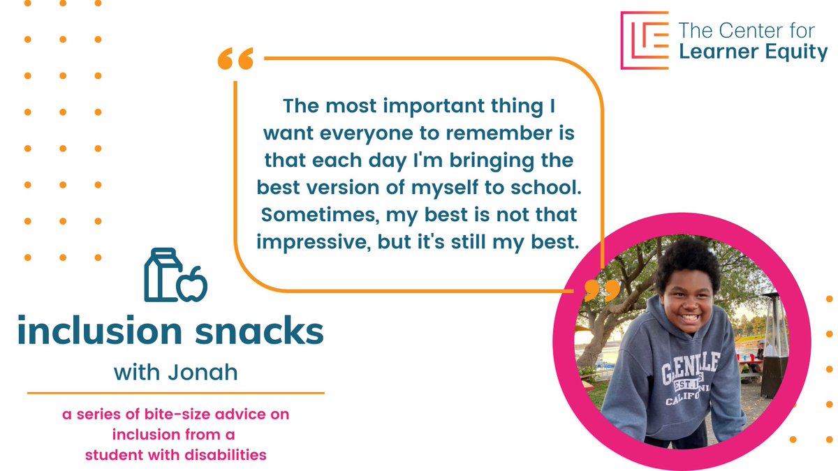 LearnerEquity's tweet photo. Today CLE is kicking off our new series "Inclusion Snacks with Jonah", bite size nuggets on inclusion from a student with disabilities. Stay tuned for more as Jonah shares his perspective as he navigates school. #InclusionSnacks #LearningDisabilities #Inclusion #SpecialEducation https://t.co/2OOH0Mgz8q
