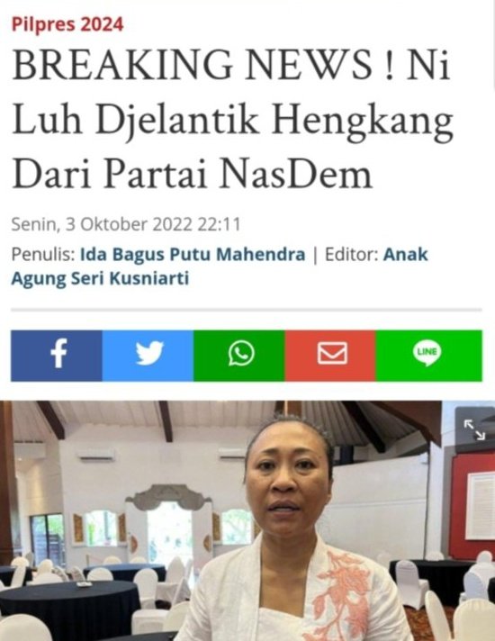 bobby_risakotta's tweet photo. Belum 24 jam pasca deklarasi Anies, Nasdem sudah kehilangan salah satu kader potensial yang punya basis massa di Bali, salah satu influencer papan atas, mbok @niluhdjelantik 

Respect Mbok Kesayangan 🙏🙏

Cc : Surya Paloh &amp; @NasDem https://t.co/ClVkxQ44su