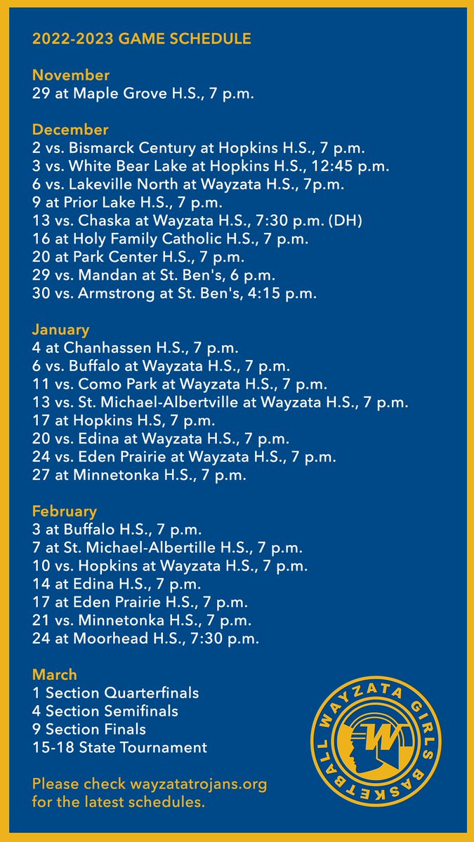 Varsity Schedule for 22-23. Registration is open on Epay. wayzata.epaytrak.com/Winter-Sports-…